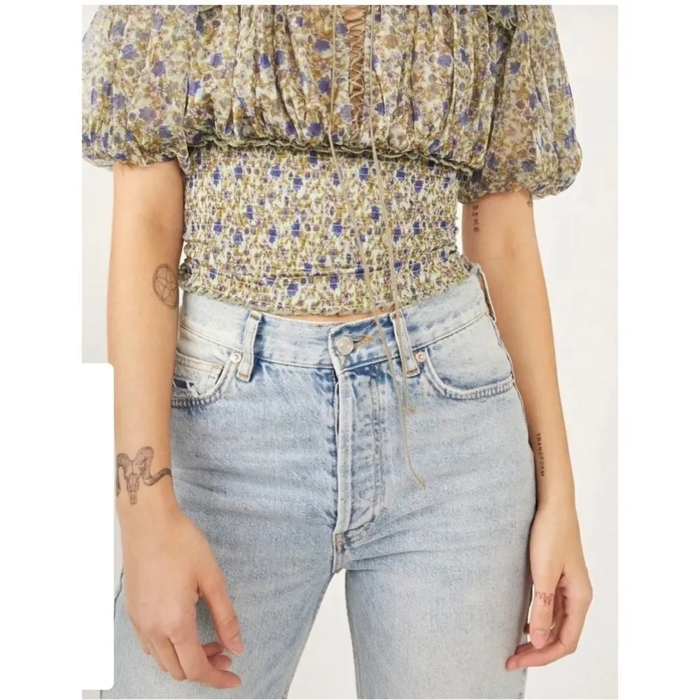 Free People Beatrice Floral-print Smocked Top In Mint Combo Size Small